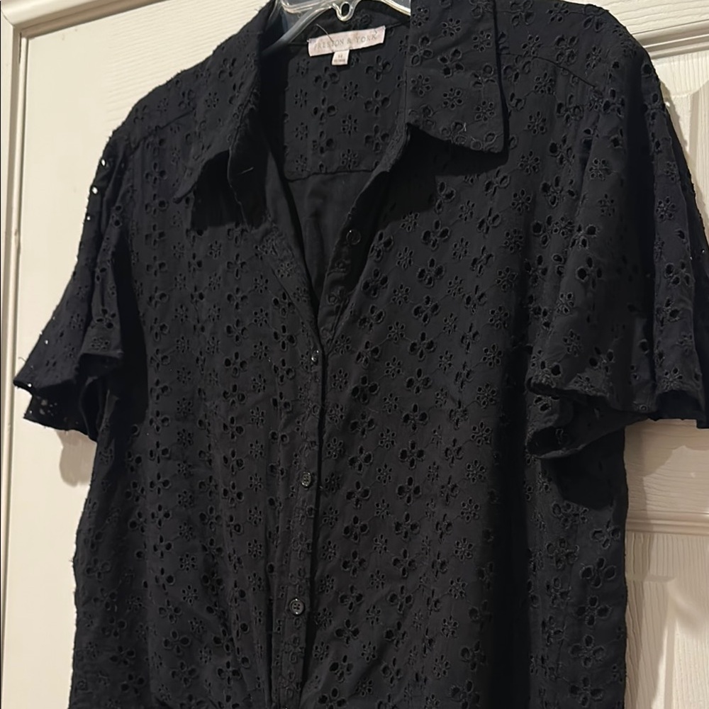 Preston & York Black Eyelet Tie-Front Top